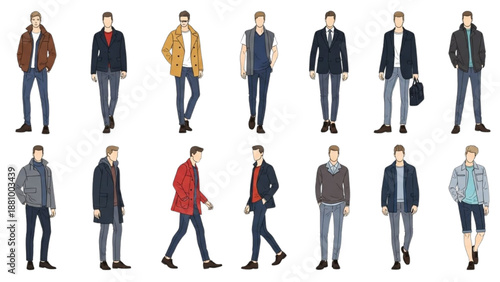 Collection of men in various outfits walking and standing in different poses and attire