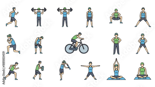 A person engaging in various fitness activities like cycling and exercising at different locations with a focus on health and wellness from multiple viewpoints.