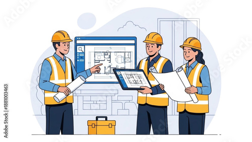 Three construction workers collaborating on a building project with blueprints and tools