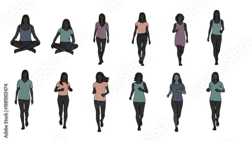Collection of silhouetted women in various yoga poses and casual clothing from behind viewed from different angles