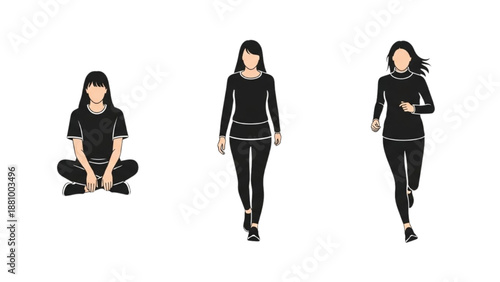 Illustration of a woman exercising in different poses and outfits