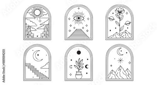 A set of mystical arched windows with various celestial and symbolic illustrations dividers decorative border design concept