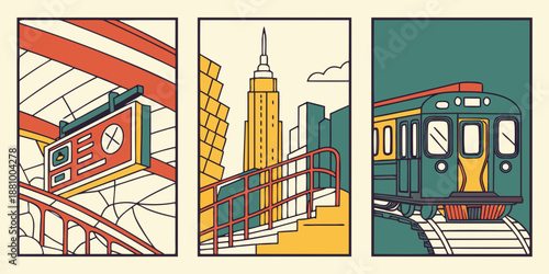 Urban Transit Vibes: Subway Station, Cityscape & Train Illustration in Stylized Panels, USA, US, United States
