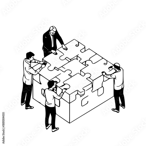 Isometric Team Collaboration Vector Illustration. Diverse Professionals Assembling Giant Geometric Puzzle. Modern Corporate Teamwork & Business Strategy Concept in Blue.
