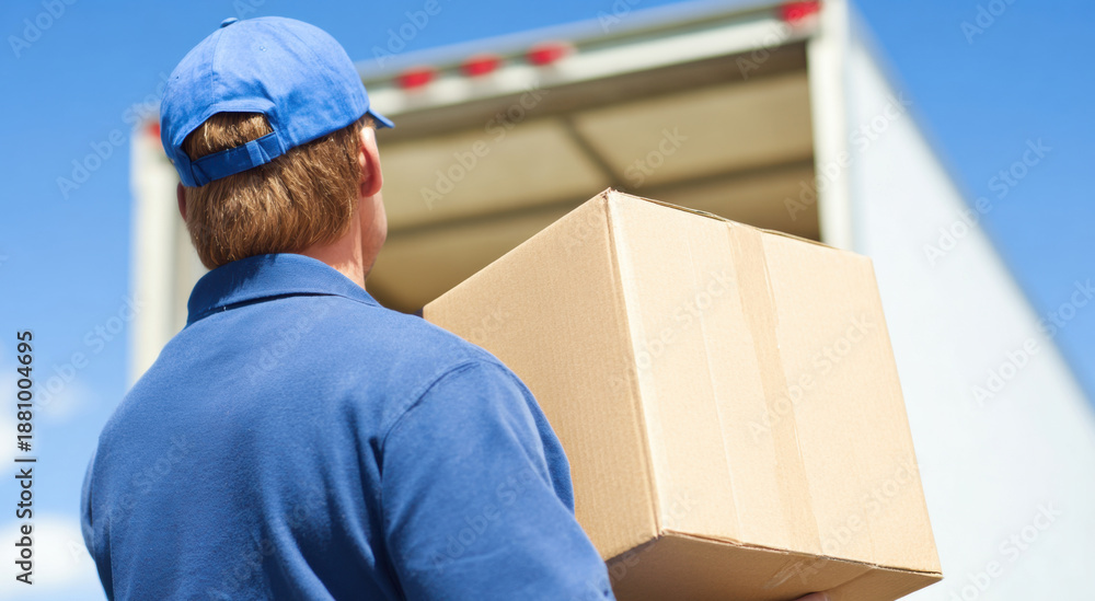 Naklejka premium Delivery person carries box towards truck in bright weather