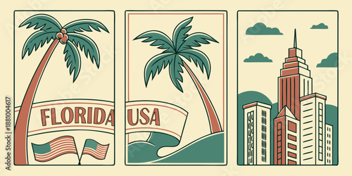 Florida Panels Featuring Palm Trees, Hilltop View & Urban Skyline in Vintage Red-Green Style, USA, US, United States
