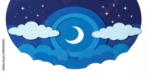 Crescent Moon and Twinkling Stars in Deep Blue Night Sky with Fluffy Layered Clouds - Paper Cut Style 3D Illustration for Children's Lullaby, Sweet Dreams, and Whimsical Fantasy Background Design
