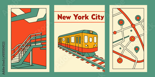 New York Panels Featuring Subway Station, Yellow Train & Transit Map in Retro Urban Style, USA, US, United States
