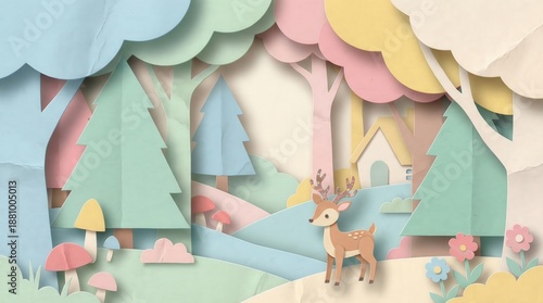 Dreamlike Woodland Scene: A whimsical illustration depicts a dreamy woodland scene, a charming deer in a pastel forest with a cozy cabin, radiating a sense of wonder and tranquility. 