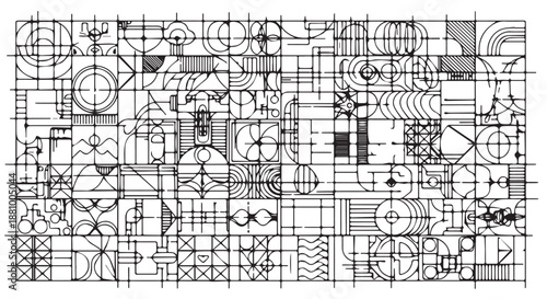 A complex black and white abstract drawing with various geometric shapes flourishes dividers decorative border design concept