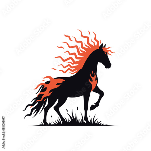 Black Horse Silhouette with Flames Mane Running.
