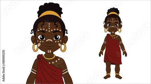 African Tribal Girl Character Wearing Traditional Red Wrap and Ethnic Face Paint