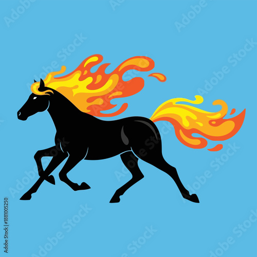 Black Horse with Flames Running Silhouette.