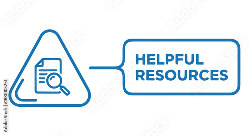 A blue icon of a document with a magnifying glass inside a triangle next to a text box with the words Helpful Resources. dividers decorative border design concept