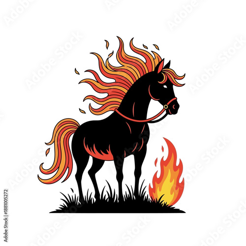 Black Horse with Flames in Mane.
