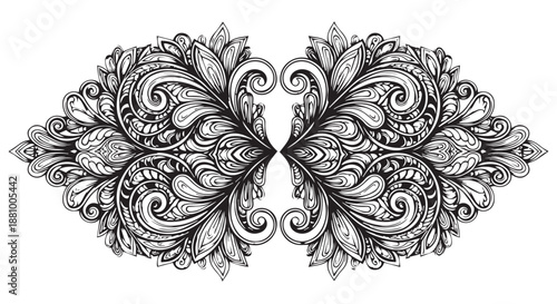 A beautiful black and white symmetrical floral design on a plain background flourishes dividers decorative border design concept