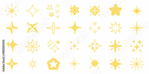 A collection of yellow sparkling star and glitter graphic elements