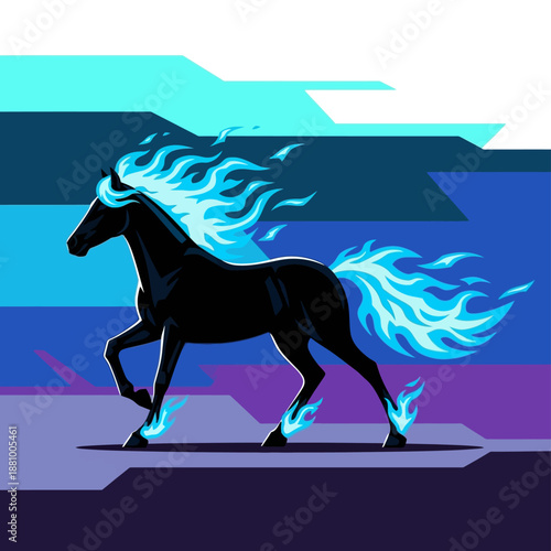 Black Horse with Flowing Blue Mane.