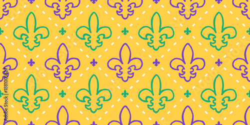 Mardi Gras fleur de lis seamless pattern on yellow background
