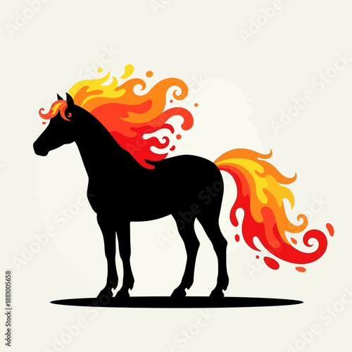 Black Horse with Flowing Mane and Tail.