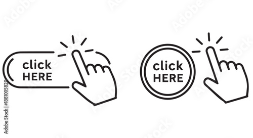 A hand clicking on a button with the words click here on a white background dividers decorative border design concept