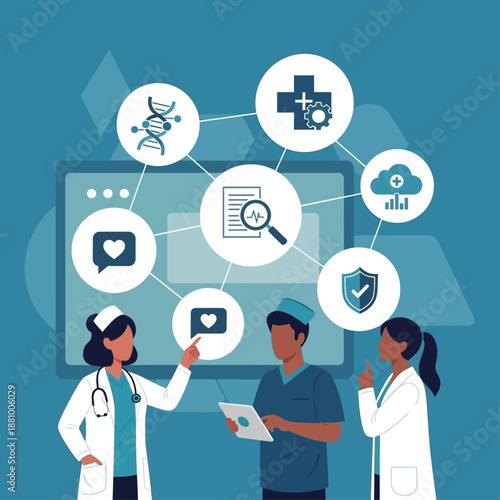 Medical professionals discussing healthcare technology and data analysis.