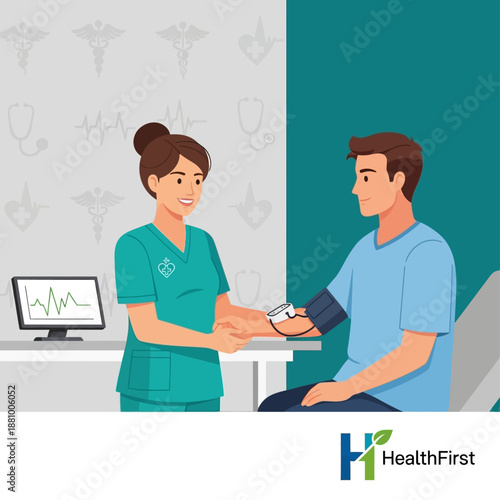 Healthcare professional taking patient's blood pressure in a medical office.
