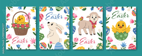 Happy Easter cards vector set. Templates for Easter greetings, illustrations with chicks, a bunny, a lamb, eggs, and spring flowers.