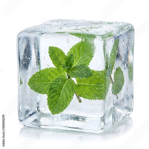 Fresh green mint leaves frozen in ice cube for cocktail