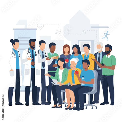 Diverse group of professionals working together in a modern office setting.