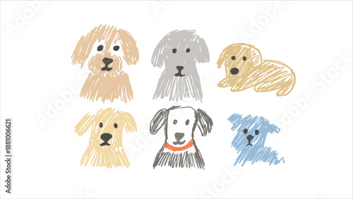 Hand Drawn Crayon Style Dog Sketches and Puppy Doodles Collection