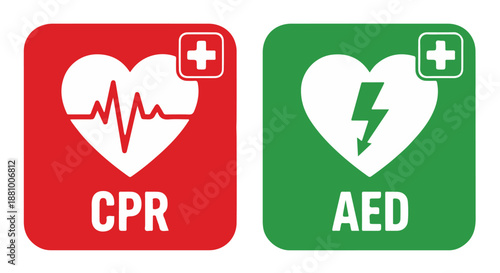 A graphic illustration of CPR and AED medical emergency response symbols. dividers decorative border design concept