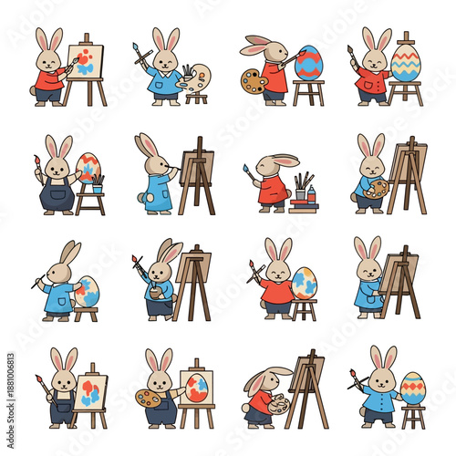 Bunnies Painting on Easels in Studio.