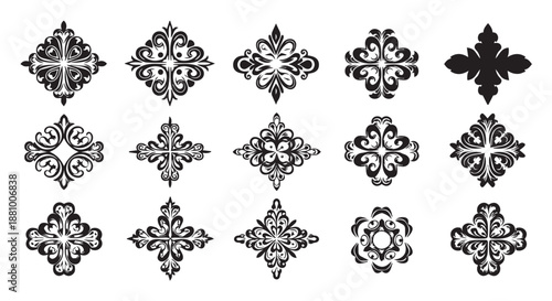 A collection of intricate black and white ornamental designs on a plain background flourishes dividers decorative border design concept