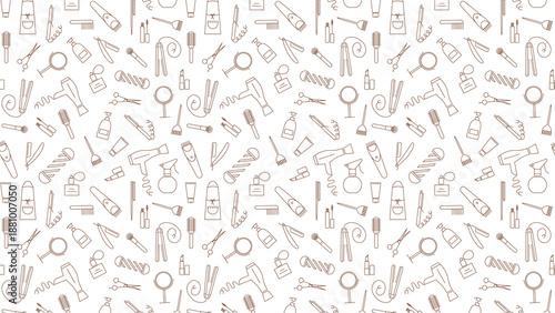 Seamless pattern of brown hairdressing tools on white background
