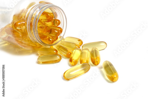 On a white background there is a transparent jar with vitamin D.