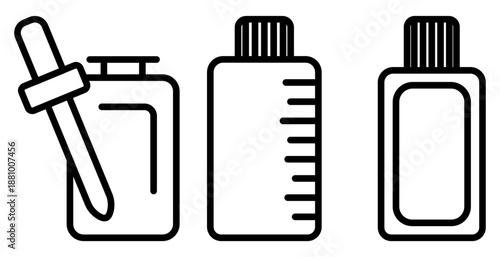 Minimalist line icons of medical bottles and a dropper. Perfect for pharmacy, healthcare, and skincare designs. These versatile graphics symbolize precision, wellness, and laboratory care.