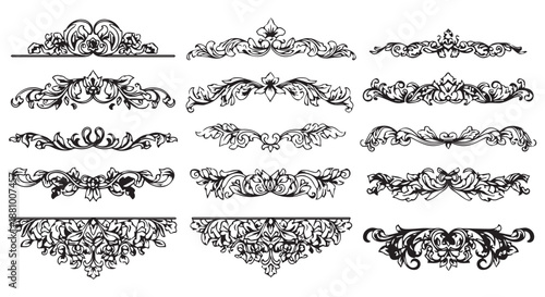 A collection of elegant black and white ornamental designs on a white background flourishes dividers decorative border design concept