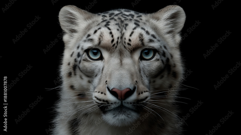 Obraz premium Close-up portrait of a majestic snow leopard with striking blue eyes against a black background