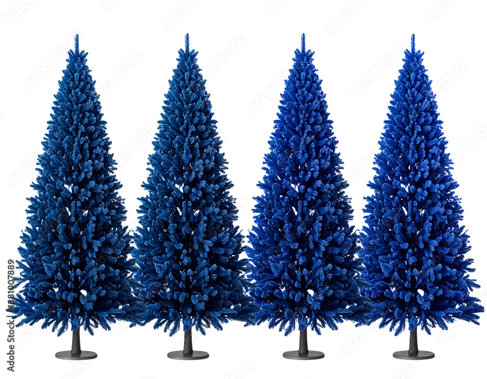Fototapeta premium Four stylized sapphire blue christmas trees in sequential scale, symmetrical and dens 
