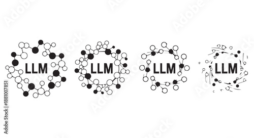 Four molecular structures with LLM text in the center on a white background dividers decorative border design concept