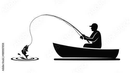 A lone fisherman in a boat with a caught fish silhouette