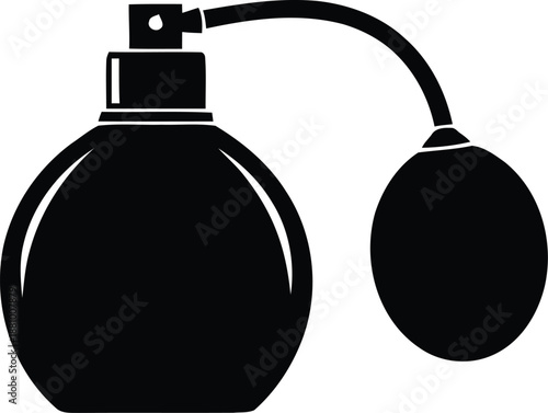 Artistic black silhouette of a classic perfume bottle with a bulb atomizer and curved tube, isolated on white