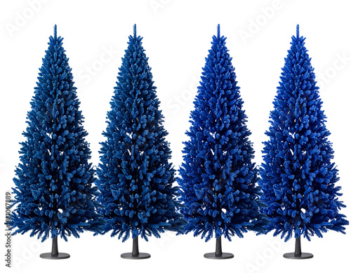 Four stylized sapphire blue christmas trees in sequential scale, symmetrical and dens 