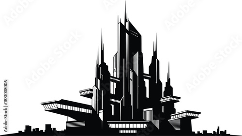 Dramatic futuristic cityscape with tall spires and sharp angles a striking silhouette