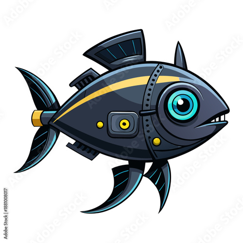 Vector art illustration of a futuristic innovative marine fish with sensors and cameras on its head