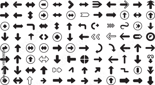 Mega collection of black arrow icons and directional symbols, various vector pointers, circle buttons, outline arrows, and web navigation elements for modern UIUX and infographic design.