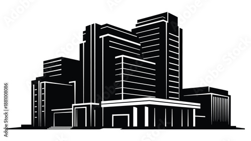 Modern cityscape with angular buildings presented in a striking silhouette