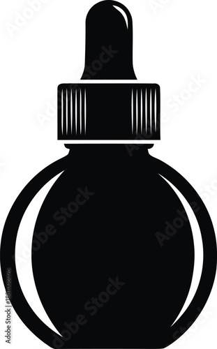 Unique black silhouette of a dropper bottle with a rounded body and distinct cap, isolated on white background