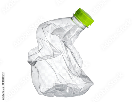 Heavily crumpled clear plastic jug with bright lime green cap, isolated on transparen
